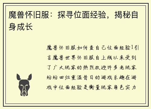 魔兽怀旧服：探寻位面经验，揭秘自身成长